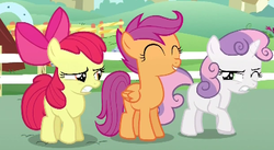 Size: 410x224 | Tagged: safe, screencap, apple bloom, scootaloo, sweetie belle, flight to the finish, g4, cringing, cutie mark crusaders, eyes closed, lidded eyes, one of these things is not like the others, unhappy