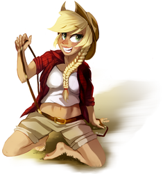 Size: 626x666 | Tagged: safe, artist:pepooni, applejack, human, g4, barefoot, belly button, blushing, braid, cowboy hat, feet, female, grin, hat, humanized, light skin, midriff, smiling, solo, stetson, suspenders