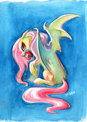 Size: 569x800 | Tagged: safe, artist:mamath, fluttershy, bat pony, pony, bats!, g4, apple, female, flutterbat, mouth hold, race swap, solo, traditional art, watercolor painting