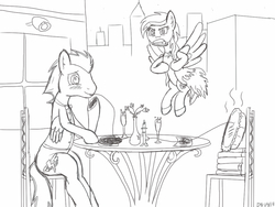 Size: 1024x768 | Tagged: safe, artist:tv47, soarin', spitfire, g4, angry, dinner, female, male, monochrome, pie, ship:soarinfire, shipping, sketch, spaghetti, straight, that pony sure does love pies, traditional art