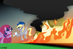 Size: 1620x1080 | Tagged: safe, artist:extremeasaur5000, derpy hooves, twilight sparkle, alicorn, pony, g4, fire, mail, twilight sparkle (alicorn)