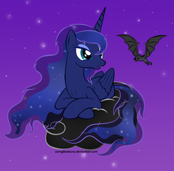 Size: 1839x1802 | Tagged: safe, artist:zomgitsalaura, princess luna, bat, g4, chest fluff, cloud, fangs, female, missing accessory, prone, solo