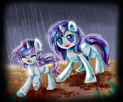 Size: 3000x2500 | Tagged: safe, artist:aquagalaxy, rarity, sweetie belle, g4, mud, rain, sisters, wet mane