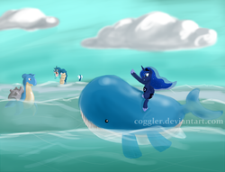 Size: 960x734 | Tagged: safe, artist:coggler, princess luna, alicorn, gyarados, lapras, pony, wailord, whale, g4, crossover, female, mare, ocean, pokémon, water