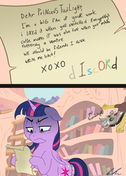 Size: 877x1220 | Tagged: safe, artist:c-puff, discord, twilight sparkle, alicorn, pony, g4, comic, female, letter, mare, twilight sparkle (alicorn), unamused