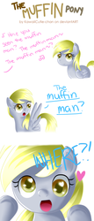 Size: 1200x2800 | Tagged: safe, artist:kawaiicutie-chan, derpy hooves, pegasus, pony, g4, female, mare, muffin, muffin man, the muffin man