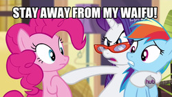 Size: 1280x720 | Tagged: safe, pinkie pie, rainbow dash, rarity, g4, my little pony: friendship is magic, rarity takes manehattan, angry, female, glasses, image macro, lesbian, ship:raridash, shipping, waifu