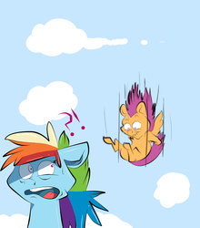 Size: 1267x1437 | Tagged: safe, artist:pinmice, rainbow dash, scootaloo, g4, cloud, cloudy, falling, scootaloo can't fly, this will end in tears and/or death