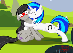 Size: 1900x1381 | Tagged: safe, artist:killkatt, dj pon-3, octavia melody, vinyl scratch, g4, blushing, female, hug, lesbian, ship:scratchtavia, shipping