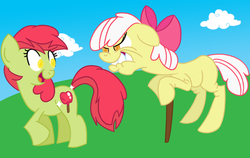 Size: 1234x780 | Tagged: safe, artist:extremeasaur5000, apple bloom, oc, earth pony, pony, g4, adult blank flank, blank flank, duo, elderly, older, older apple bloom