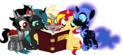 Size: 1024x462 | Tagged: dead source, safe, artist:bubblestormx, discord, king sombra, nightmare moon, queen chrysalis, sunset shimmer, alicorn, changeling, changeling queen, draconequus, nymph, pony, unicorn, g4, :o, colt, colt sombra, cute, cutealis, discute, female, filly, filly queen chrysalis, filly sunset shimmer, foal, frown, male, moonabetes, nightmare woon, open mouth, reading, shimmerbetes, simple background, sitting, smiling, sombradorable, white background, younger