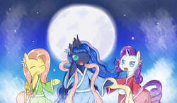 Size: 2560x1500 | Tagged: safe, artist:luciferamon, fluttershy, princess luna, rarity, g4, hanfu, moon