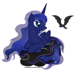 Size: 1839x1802 | Tagged: safe, artist:zomgitsalaura, princess luna, bat, g4, chest fluff, cloud, fangs, female, missing accessory, prone, simple background, solo, transparent background