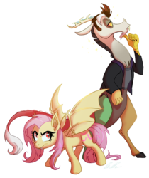 Size: 747x889 | Tagged: safe, artist:c-puff, artist:sakuyamon, discord, fluttershy, bat pony, draconequus, pony, bats!, g4, clothes, cute, digital art, discobat, discute, female, flutterbat, male, race swap, ship:discoshy, shipping, shyabates, shyabetes, simple background, spread wings, standing, straight, transparent background, twilight (series), wings