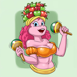 Size: 600x600 | Tagged: safe, artist:carelessdoodler, pinkie pie, anthro, g4, cleavage, female, fruit, fruit hat, hat, jiggle, maracas, musical instrument, solo