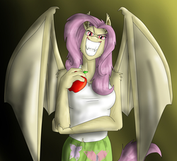 Size: 1957x1782 | Tagged: safe, artist:namyg, fluttershy, bat pony, anthro, g4, apple, clothes, equestria girls outfit, female, flutterbat, grin, race swap, rapeface, smiling, solo