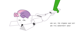 Size: 841x367 | Tagged: safe, sweetie belle, oc, oc:anon, pony, robot, unicorn, g4, female, filly, foal, hooves, horn, open mouth, solo focus, sweetie bot, text