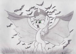 Size: 900x634 | Tagged: safe, artist:applebeard, applejack, earth pony, pony, bats!, g4, applebat, bipedal, cape, clothes, female, monochrome, solo, traditional art