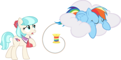 Size: 615x308 | Tagged: safe, coco pommel, rainbow dash, earth pony, pegasus, pony, g4, rarity takes manehattan, cloud, duo, duo female, eyes closed, female, mare, rainbow thread, simple background, sleeping, transparent background