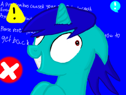 Size: 680x512 | Tagged: safe, artist:trevor s., oc, oc only, oc:bsod, pony, unicorn, blue screen of death, colors! 3d, contemplating insanity, derp, error, microsoft windows, solo, trace