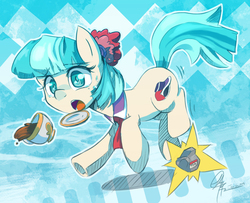 Size: 1219x988 | Tagged: safe, artist:chingilin, coco pommel, tom, g4, rarity takes manehattan, coffee, drink, falling, female, solo, spilled drink, tripping, working