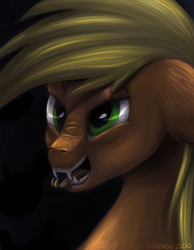 Size: 700x900 | Tagged: safe, artist:dzmaylon, applejack, bat pony, pony, g4, applebat, fangs, female, glare, hissing, nose wrinkle, open mouth, race swap, solo, tongue out