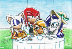 Size: 6673x4528 | Tagged: safe, artist:chikisxsxs210, applejack, rarity, g4, absurd resolution, clothes, crossover, knuckles the echidna, male, present, rouge the bat, sonic the hedgehog (series), traditional art