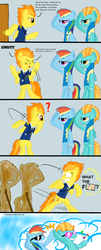 Size: 1696x4184 | Tagged: safe, artist:pandramodo, lightning dust, rainbow dash, spitfire, pony, g4, bipedal, cardboard cutout, comic