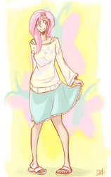 Size: 563x890 | Tagged: safe, artist:coin-trip39, fluttershy, human, g4, clothes, female, humanized, light skin, sandals, skirt, solo