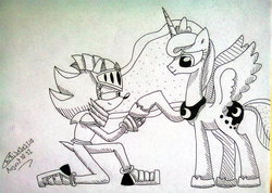 Size: 1600x1140 | Tagged: safe, artist:chikisxsxs210, princess luna, g4, crossover, crossover shipping, female, interspecies, lancelot, love, male, monochrome, shadluna, shadow the hedgehog, shipping, sonic the hedgehog, sonic the hedgehog (series), straight, traditional art