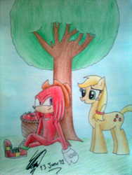 Size: 1200x1600 | Tagged: safe, artist:chikisxsxs210, applejack, g4, appleknux, crossover, crossover shipping, female, interspecies, knuckles the echidna, love, male, shipping, sonic the hedgehog (series), straight, traditional art