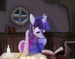 Size: 1600x1258 | Tagged: safe, artist:themightycoolblender, twilight sparkle, g4, book, candle, female, indoors, night, solitaire, solo, studying