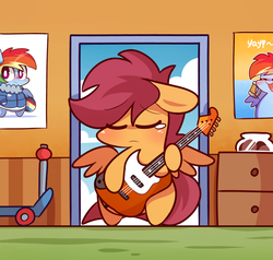 Size: 860x820 | Tagged: safe, artist:php56, rainbow dash, scootaloo, g4, artception, bass guitar, chibi, crying, female, floppy ears, guitar, musical instrument, sad, scootabass, scootasad, scooter, solo, teary eyes