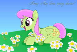 Size: 2161x1468 | Tagged: safe, artist:bluemeganium, merry may, pegasus, pony, g4, cute, daisy (flower), female, flower, happy, prone, smiling, solo, text