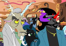 Size: 8279x5792 | Tagged: safe, artist:esprites, discord, king sombra, queen chrysalis, g4, absurd resolution, goodfellas, moustache, ponified