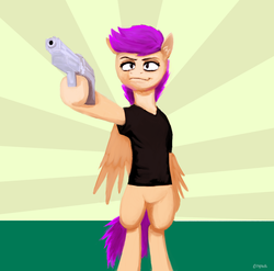 Size: 1022x1010 | Tagged: safe, artist:themightycoolblender, scootaloo, anthro, g4, female, gun, solo