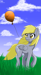 Size: 900x1641 | Tagged: safe, artist:shiarr, derpy hooves, pegasus, pony, g4, :3, balloon, cute, female, mare, mouth hold, solo