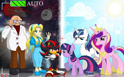 Size: 1133x704 | Tagged: safe, artist:brodogz, princess cadance, shining armor, twilight sparkle, alicorn, hedgehog, human, pony, unicorn, g4, black comet, commission, crossover, family photo, female, gerald robotnik, haters gonna hate, male, mare, maria robotnik, shadow the hedgehog, sonic the hedgehog (series), space colony ark