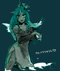 Size: 550x653 | Tagged: safe, artist:nyappa_, queen chrysalis, human, g4, female, horn, horned humanization, humanized, japanese, pixiv, pony coloring, solo