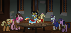 Size: 1006x471 | Tagged: safe, artist:graffegruam, chancellor puddinghead, clover the clever, commander hurricane, princess platinum, private pansy, smart cookie, g4, hearth's warming eve (episode), clothes, hearth's warming eve, rule 63, scene interpretation, table