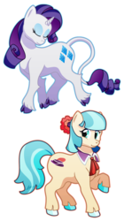 Size: 698x1246 | Tagged: safe, artist:rose-mcsugar, coco pommel, rarity, classical unicorn, g4, rarity takes manehattan, cloven hooves, duo, duo female, female, horn, leonine tail, simple background, transparent background, unshorn fetlocks