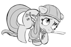 Size: 541x355 | Tagged: safe, artist:naterrang, fluttershy, g4, female, gangsta, hug life, knife, monochrome, mouth hold, solo