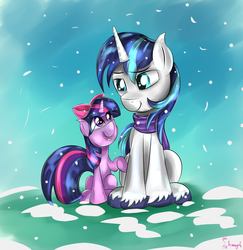 Size: 1750x1800 | Tagged: dead source, safe, artist:shamanguli, shining armor, twilight sparkle, g4, clothes, duo, filly, hair bow, scarf, snow, snowfall, younger