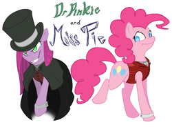 Size: 2039x1499 | Tagged: safe, artist:assassin-or-shadow, pinkie pie, earth pony, pony, g4, cape, cloak, clothes, cuffs (clothes), dr jekyll and mr hyde, dr pinkie, dr pinkie and miss pie, duality, green eyes, hat, miss pie, no pupils, pinkamena diane pie, simple background, top hat, vest, victorian, waistcoat, white background