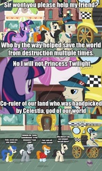 Size: 757x1262 | Tagged: safe, edit, edited screencap, screencap, blueberry curls, business savvy, joan pommelway, luckette, lucky breaks, roger silvermane, sterling silver, strawberry ice, twilight sparkle, alicorn, earth pony, pony, g4, rarity takes manehattan, adventure in the comments, background pony, comic, fedora shaming, female, hub logo, image macro, male, mare, scene parody, stallion, taxi, twilight sparkle (alicorn)
