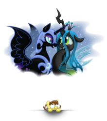 Size: 1024x1164 | Tagged: safe, artist:chasm03, nightmare moon, queen chrysalis, oc, oc:moxie, alicorn, changeling, changeling queen, pony, g4, female, lesbian, mare, ship:chrysmoon, shipping, simple background, transparent background