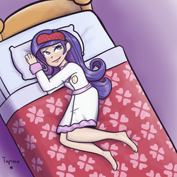 Size: 1500x1500 | Tagged: safe, artist:king-kakapo, artist:php52, rarity, human, g4, barefoot, bathrobe, bed, blushing, clothes, colored, feet, female, high angle, humanized, light skin, lying, lying down, pillow, robe, sleep mask, smiling, solo