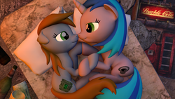 Size: 5760x3240 | Tagged: safe, artist:drdicksamazingstick, oc, oc only, oc:homage, oc:littlepip, pony, unicorn, fallout equestria, 3d, bed, boop, cutie mark, fanfic, fanfic art, female, floppy ears, horn, lesbian, mare, oc x oc, pillow, ship:pipmage, shipping, source filmmaker