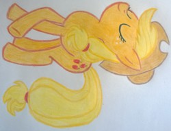 Size: 1632x1244 | Tagged: safe, artist:muffin mane, applejack, g4, crayon drawing, crossed legs, eyes closed, female, pose, sketch, solo