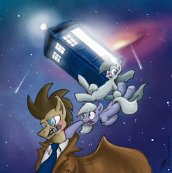 Size: 1050x1056 | Tagged: safe, artist:jorobro, doctor whooves, limestone pie, marble pie, time turner, g4, doctor who, pie sisters, tardis, trio